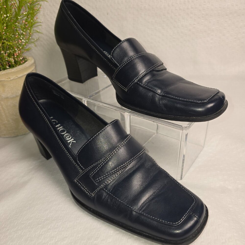 J.G. HOOK BLACK LEATHER SLIP ON HEELED SANDRA SHOE CASUAL SQUARE TOE SIZE 7 - Picture 3 of 8